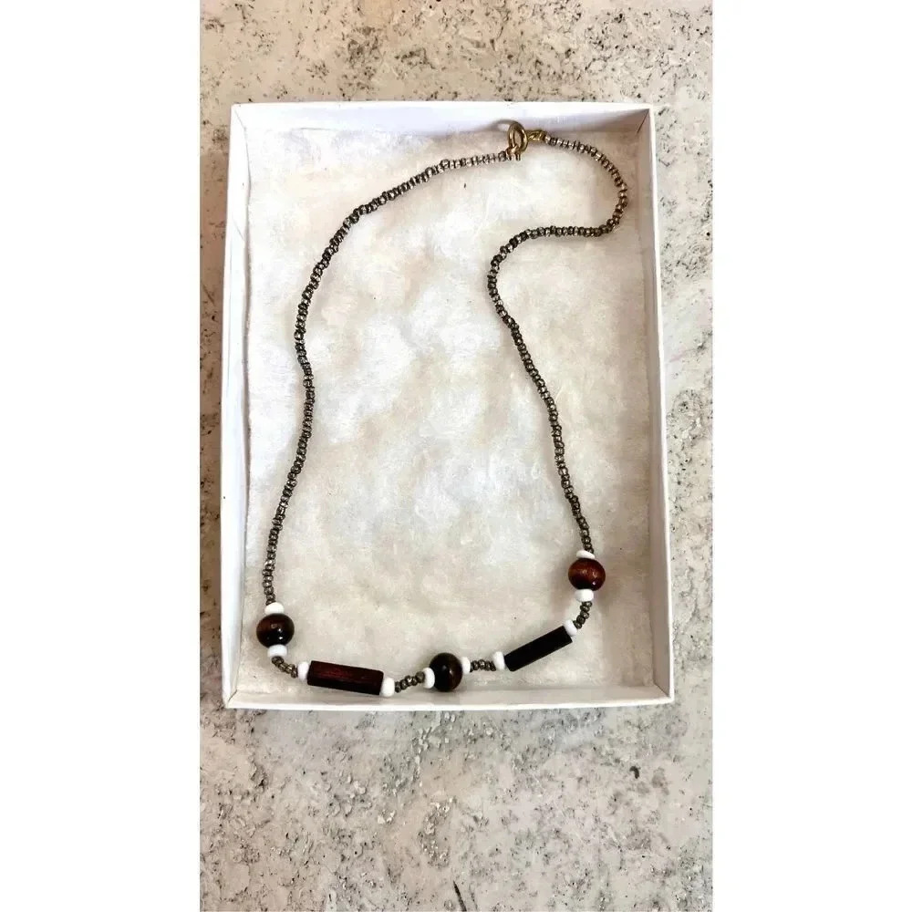 Vintage Brown Gold Silver Wooden Bar Beaded Necklace